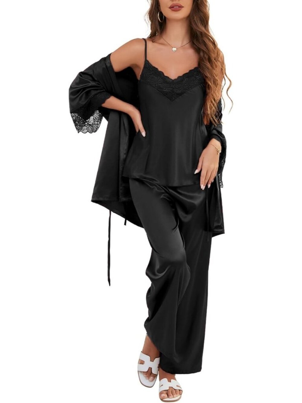 Luxurious 3-Piece Women's Silk Pajama Set with Satin Robe, Cami & Long Pants